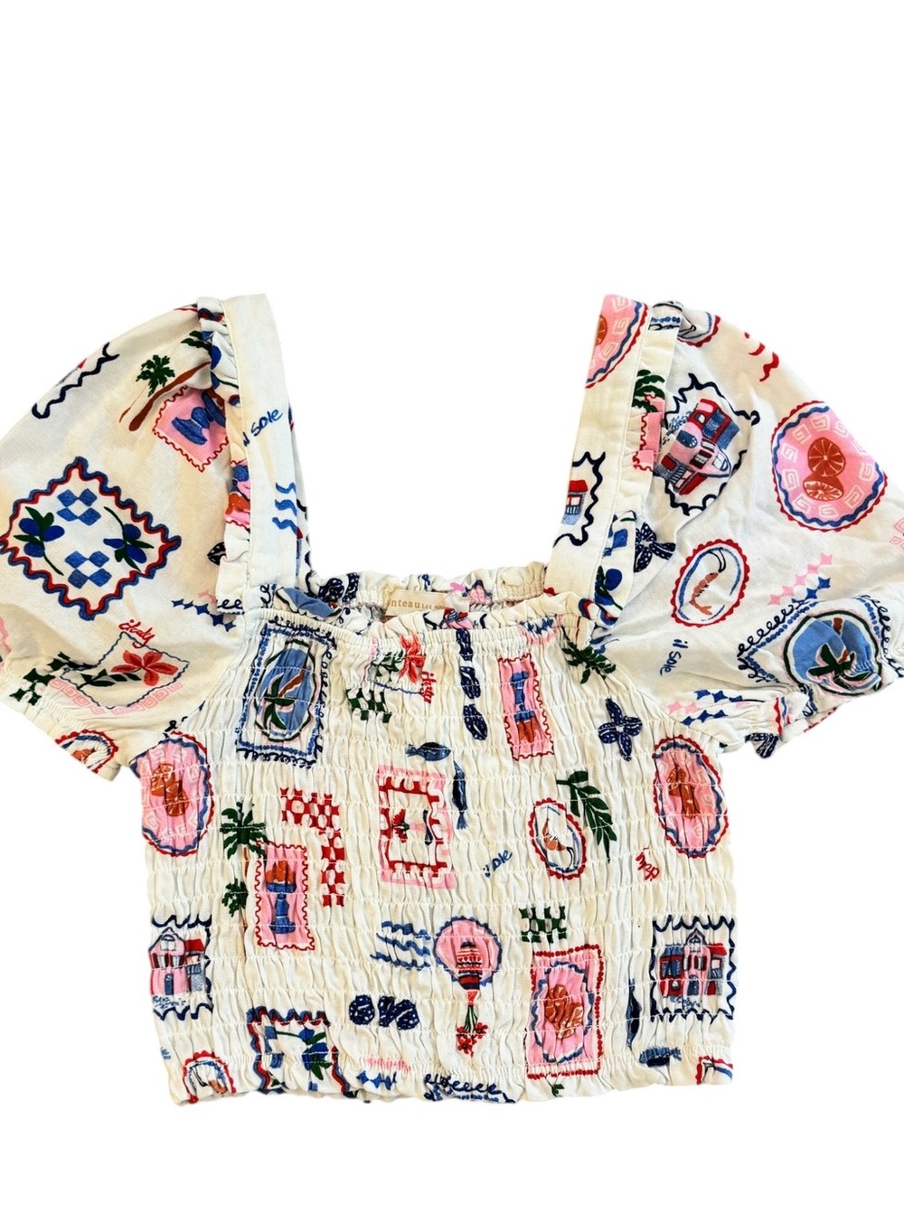 Smocked Puff Sleeve Crop Top in Cream with Multicolor Print